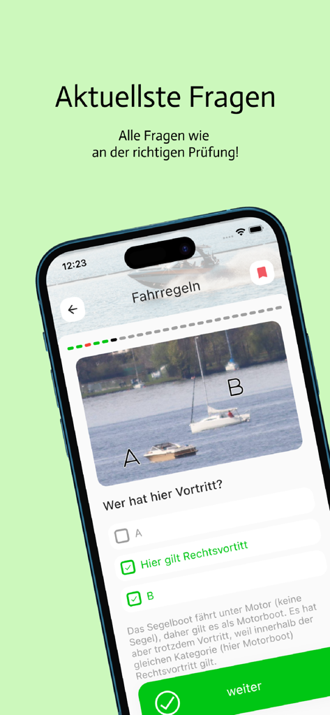 Bootsprüfung Schweiz 2025 - 두 척의 보트 다이어그램과 함께 보트 면허 연습 질문을 표시하는 휴대폰 화면