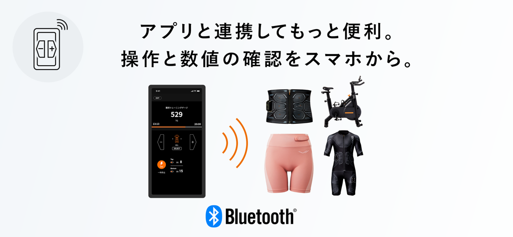 Interfaz de la aplicación SIXPAD CLUB que muestra la conectividad Bluetooth con dispositivos de entrenamiento EMS y equipos de ejercicio.