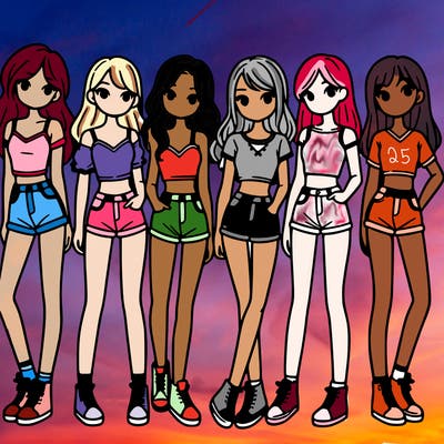a group of girls wearing crop tops and shorts