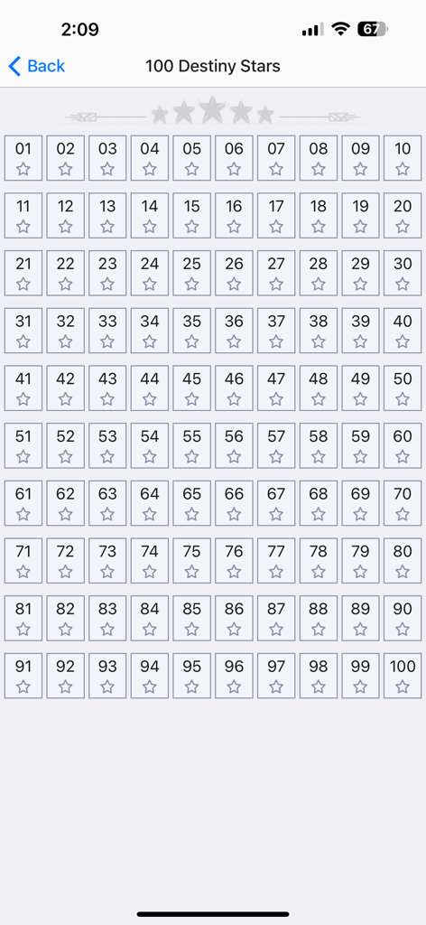 A menu grid showing 100 numbered buttons for different destiny star life readings in the astrology app