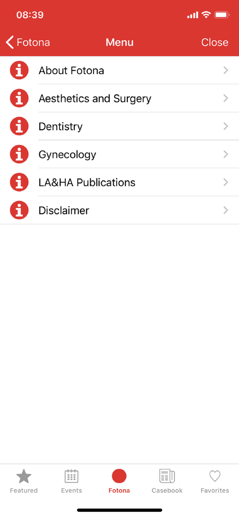 Fotona - Fotona医療アプリのメインメニュー画面。美容、歯科、婦人科のカテゴリがあります。