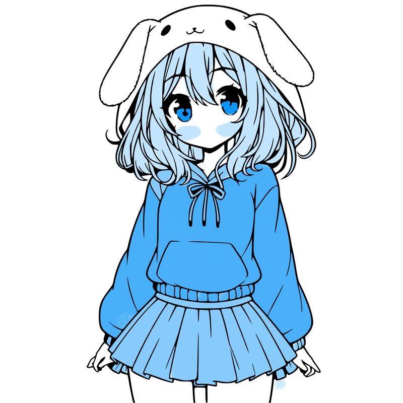 pretty anime girl wearing a fluffy hoodie with bunny ears on the hood and a skirt