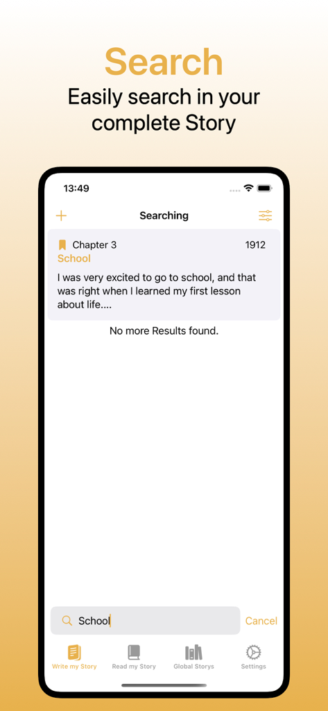 Write My Life Story - Mobile app interface showing the search feature for a life story memoir
