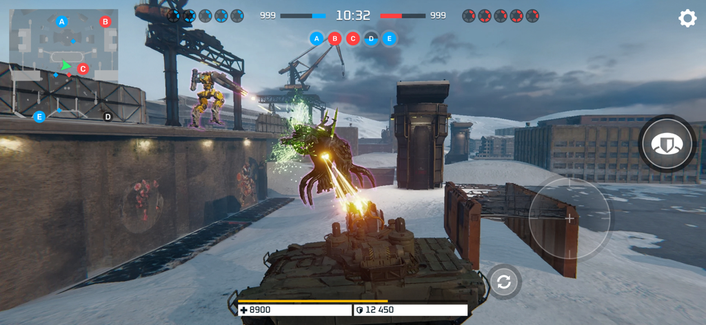 Armor Attack: Robot & Mecha - Tactical third person combat in Armor Attack Robot and Mecha showing a tank fighting a mecha and boss in a snowy industrial environment