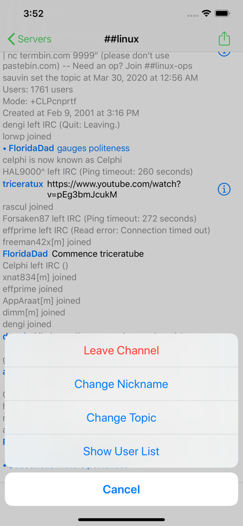 Aplicación LimeChat que muestra un canal IRC con un menú para salir del canal, cambiar de apodo y mostrar la lista de usuarios.