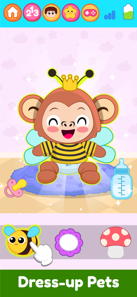 A cute monkey dressed as a bee in the dress up pets activity of the baby smart phone game