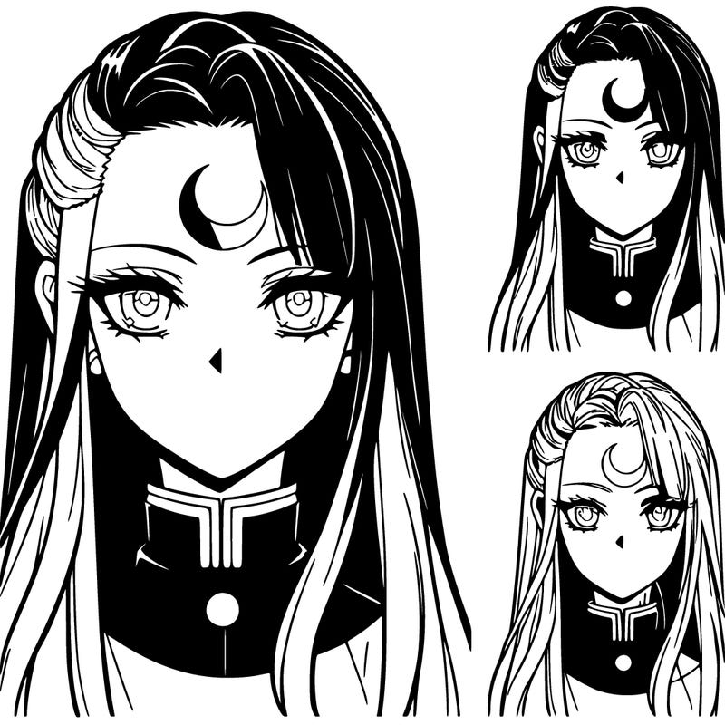 anime female, long hair with undercut, crescent moon tattoo on forehead