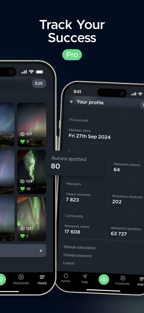Vue du profil Hello Aurora Pro montrant les statistiques de chasse aux aurores et les métriques d'engagement communautaire