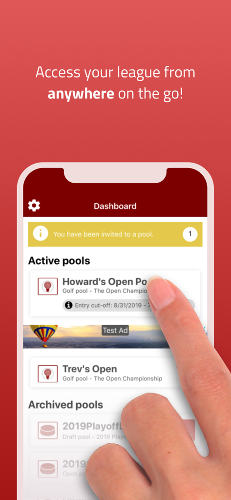 Officepools app dashboard displaying active and archived sports pools on a smartphone being used by a hand