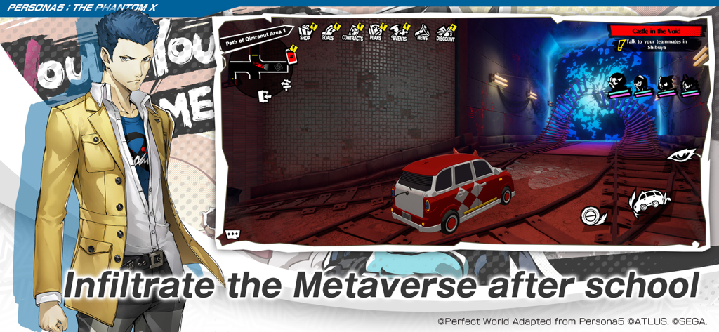 P5X | Persona5: The Phantom X - Une capture d'écran de Persona 5 The Phantom X montrant un personnage à côté d'une vue du gameplay d'une camionnette rouge traversant le tunnel du Métavers.