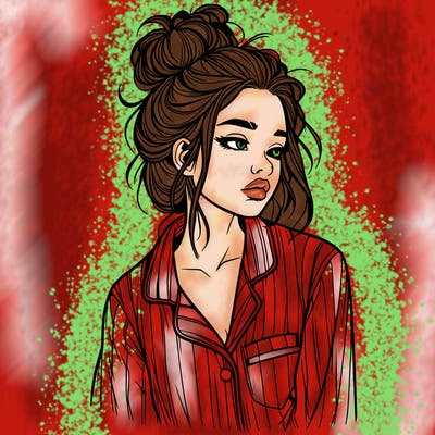 realistic woman with pajamas on and a messy bun