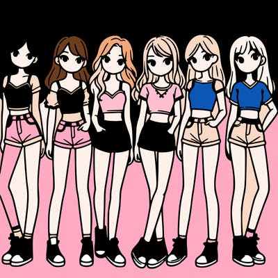 a group of girls wearing crop tops and shorts