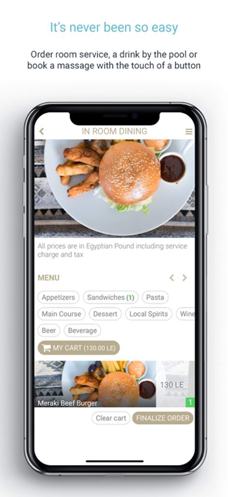Mobile interface of the Sunrise Resorts app showing the in-room dining menu and a beef burger selection