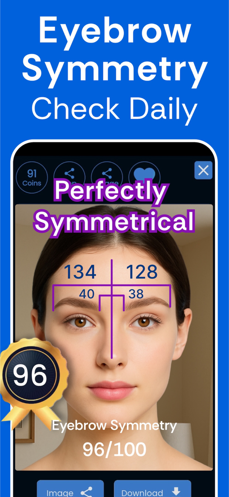 Eine mobile App-Oberfläche zeigt Augenbrauen-Symmetriemessungen auf dem Gesicht einer Frau mit einem Score von 96 von 100