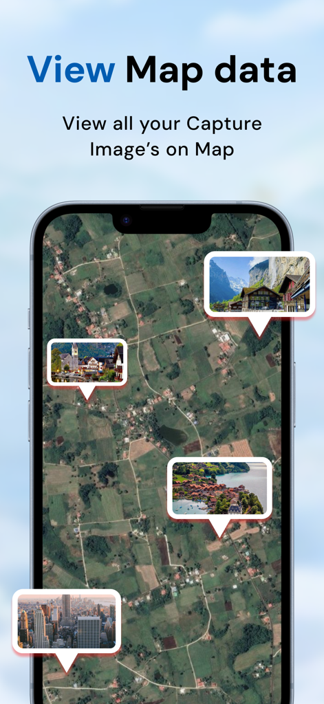 Interface de carte satellite interactive montrant plusieurs photos épinglées à leurs emplacements de capture géographiques.