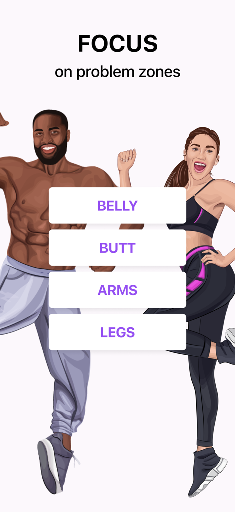 Organic Dance app screen showing workout focus options for belly butt arms and legs