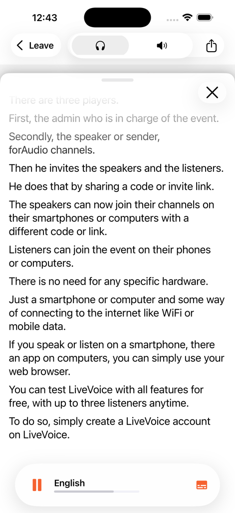 LiveVoice - LiveVoice app screen explaining how organizers and listeners use invite codes for real-time audio streaming.