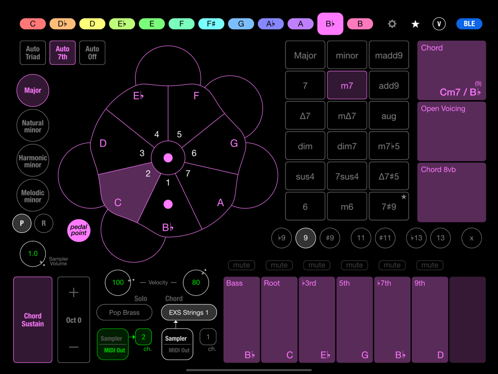 Chordy 2 - Chordy 2 iPad app interface showing circular chord selection and MIDI production controls for songwriters