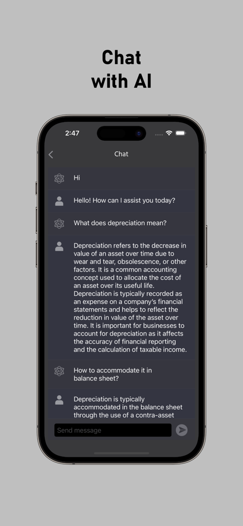 Captura de tela do aplicativo móvel mostrando um assistente de IA respondendo perguntas sobre depreciação e contabilidade