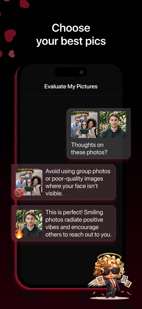 AI assistant providing feedback on dating profile pictures in the Mr Rizz app