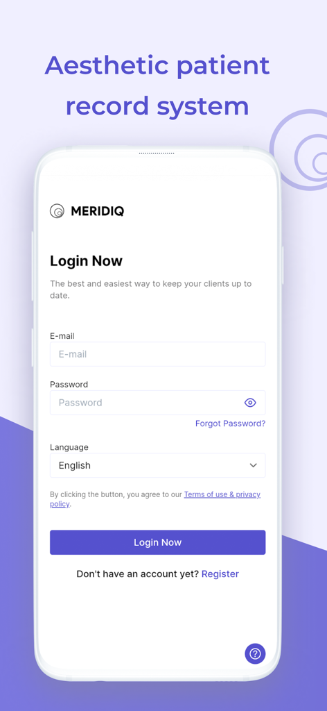 MERIDIQ - MERIDIQ美容患者記録システムのログイン画面、メールアドレスとパスワードフィールドが表示されています