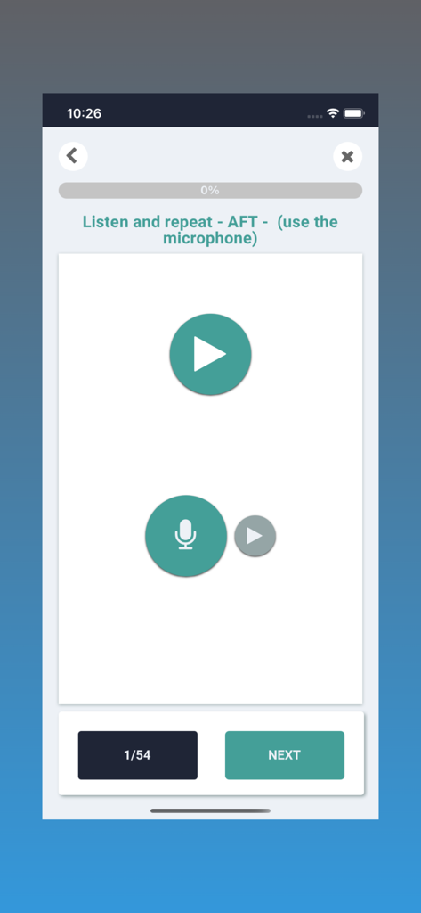 Ical - Pantalla de ejercicio de escucha y repetición de inglés aeronáutico en la aplicación Ical.