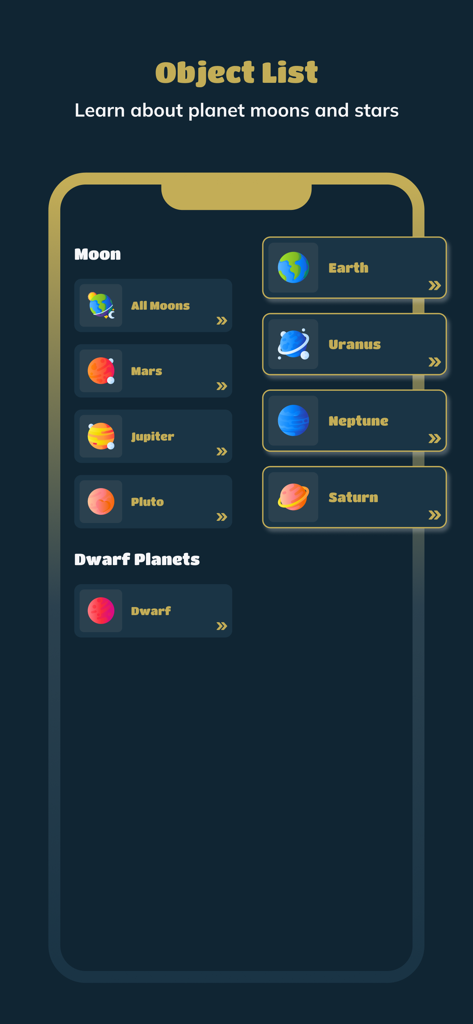 Skyview : Explore Universe - Skyview app menu displaying a list of celestial objects including Earth Mars and Jupiter for educational exploration
