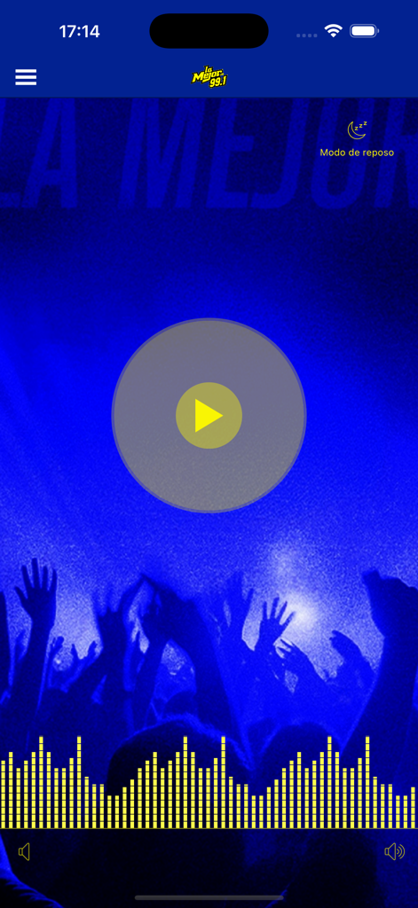 La Mejor FM 99.1 - Tela do reprodutor de música ao vivo do aplicativo de rádio La Mejor FM 99.1 com fundo de multidão azul