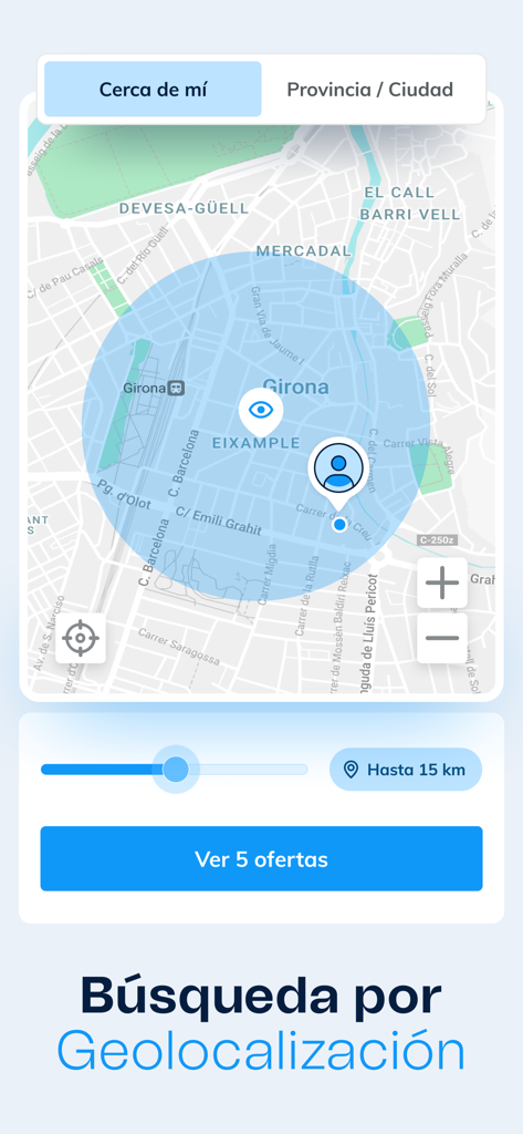 Eurofirms - Ofertas de trabajo - Mobile app interface showing job search by geolocation on a map