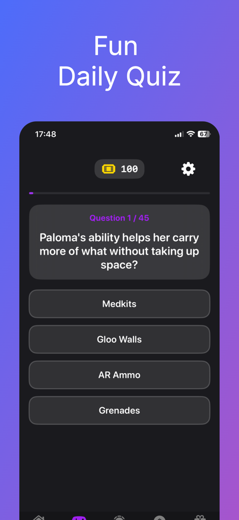 Diamond Master Quiz for FF - Captura de tela da tela Diversão Quiz Diário no aplicativo Diamond Master Quiz para FF mostrando uma pergunta de trivia sobre as habilidades dos personagens do jogo