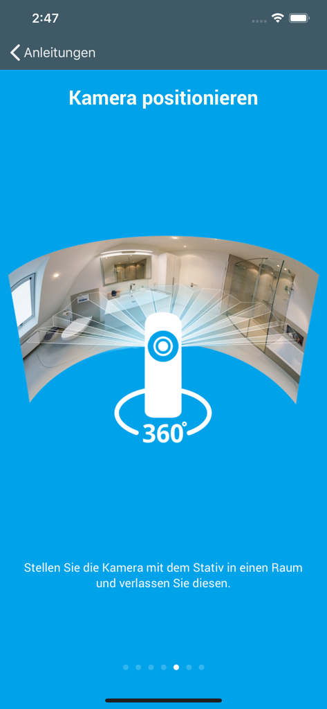 Tela instrucional para o aplicativo 3D-Scan mostrando como posicionar uma câmera de 360 graus em um ambiente.