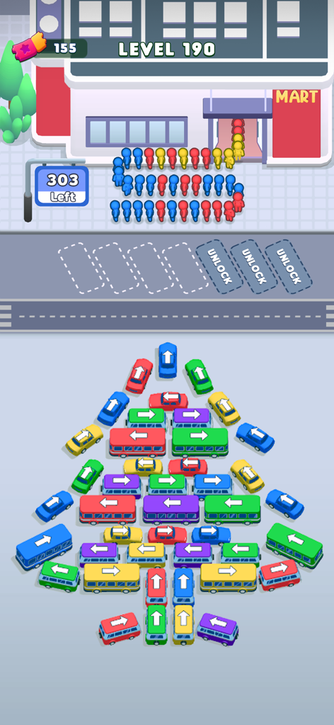 Bus Escape: Traffic Jam - Um nível de puzzle de classificação colorido no jogo móvel Bus Escape Traffic Jam, apresentando carros e passageiros esperando.