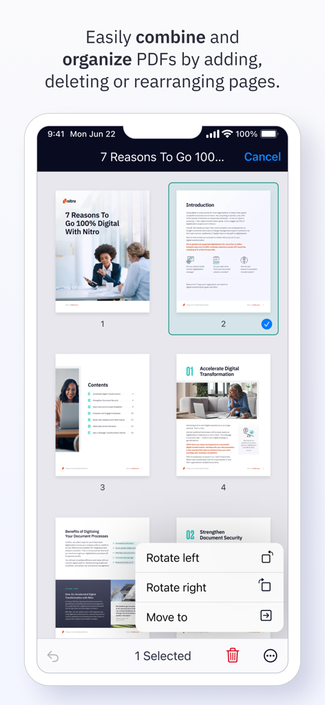 Interface do aplicativo Nitro PDF Pro mostrando uma visualização em grade de páginas de PDF com um menu para girar ou mover páginas selecionadas em um iPhone.