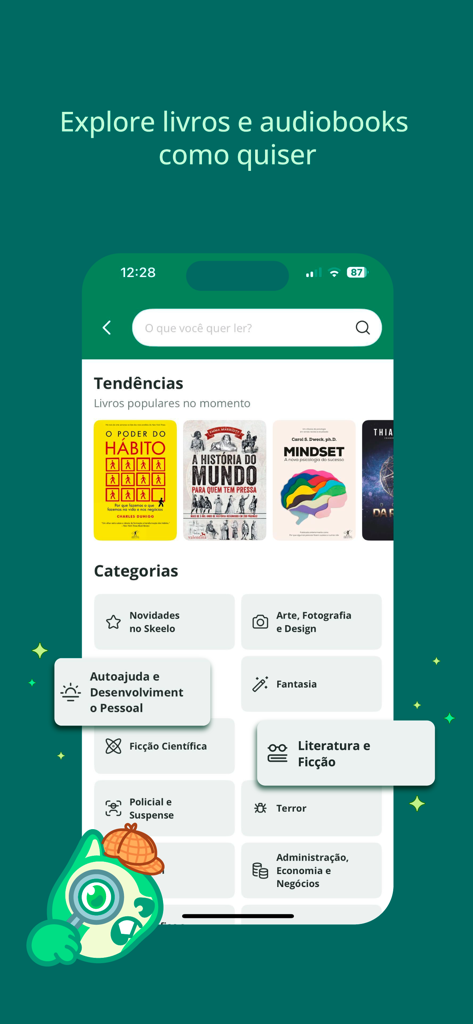 Skeelo: Audiobooks & Ebooks - Skeelo mobile app interface showing trending ebooks and various book categories like self-help and fiction.
