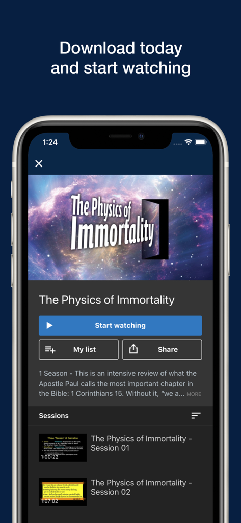 KHouse TV - Écran de l'application KHouse TV affichant des sessions pour la série d'études bibliques "La Physique de l'Immortalité"