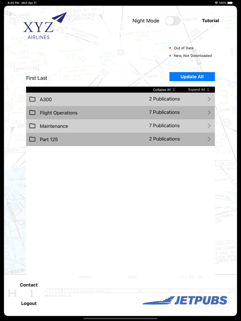 JETPUBS - JETPUBS app dashboard displaying aviation manual folders and compliance status