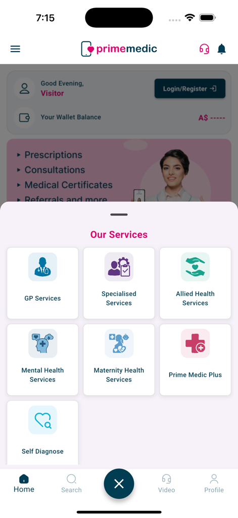 Prime Medic - Online Clinic - Prime Medic app dashboard displaying a menu of healthcare services including GP, Mental Health, and Self Diagnose.