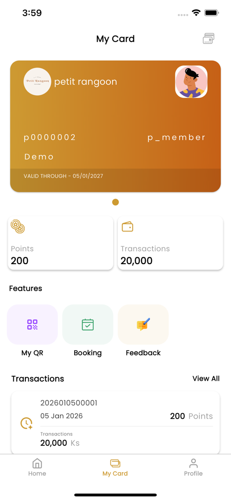Petit Rangoon - Petit Rangoon app dashboard displaying a digital membership card with points and transaction history