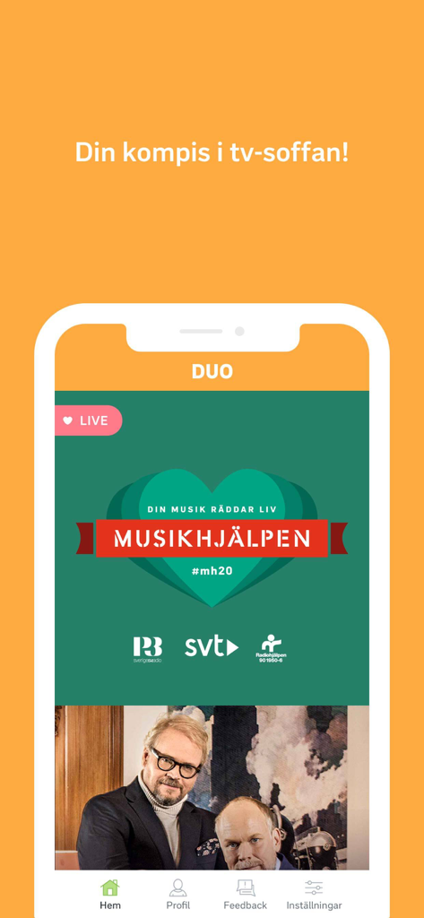 SVT Duo - Pantalla de inicio de la aplicación SVT Duo en un smartphone mostrando el banner del evento en vivo Musikhjälpen