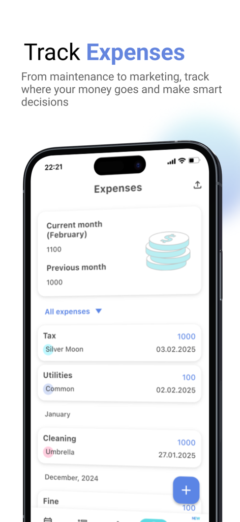Rental Planner: Rent Manager - Dashboard auf dem Handy, das die Ausgaben für Mietobjekte zeigt, einschließlich Steuern, Nebenkosten und Reinigungskosten für verschiedene Mietobjekte