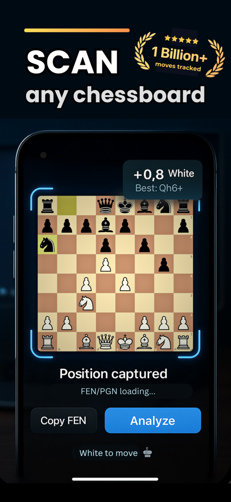 Checkmate - Chess Engine AI - A smartphone using Checkmate AI to scan and analyze a chess board position