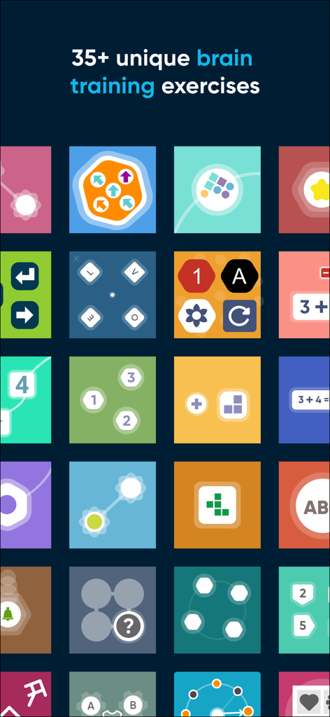 A grid of icons representing over 35 unique brain training exercises from the NeuroNation app