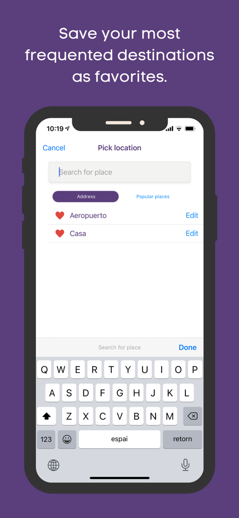 iPhone screenshot of Taximes app showing the favorite destinations feature with saved locations for home and airport
