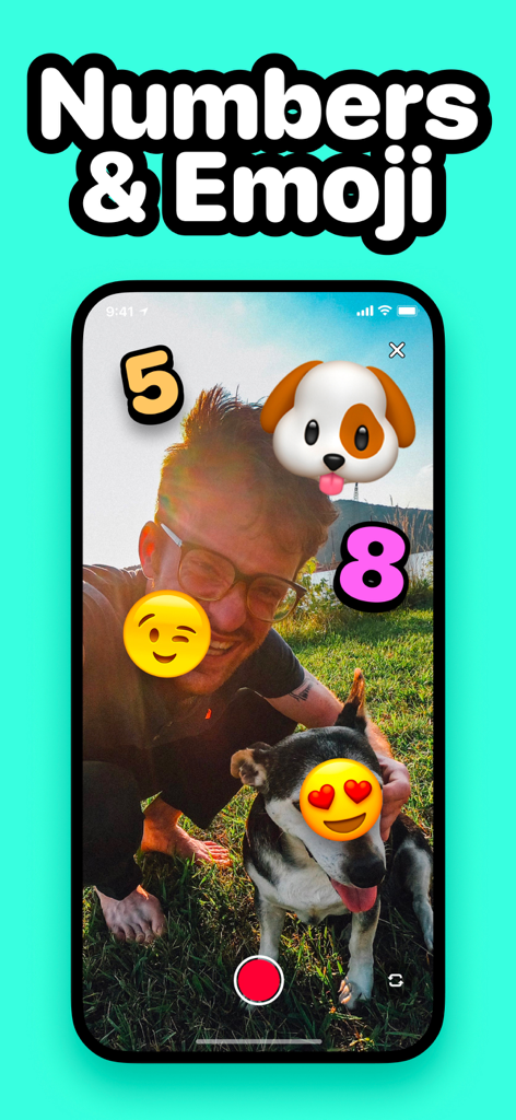 Tap Tap ABC Filter - A mobile screen showing the Tap Tap ABC Filter app interface with numbers and emoji effects over a video of a man and his dog