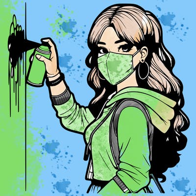realistic girl with mask spray painting a wall