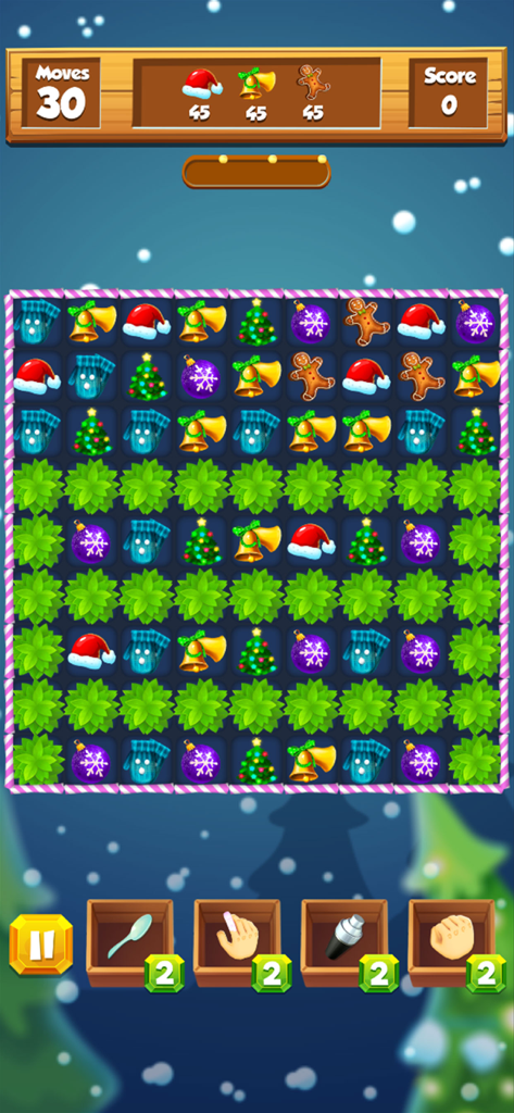 Gameplay of a Christmas match 3 puzzle featuring holiday icons like Santa hats and gingerbread men