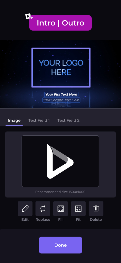 Interface para criar introduções de vídeo profissionais e animações de logotipo no aplicativo Renderforest.