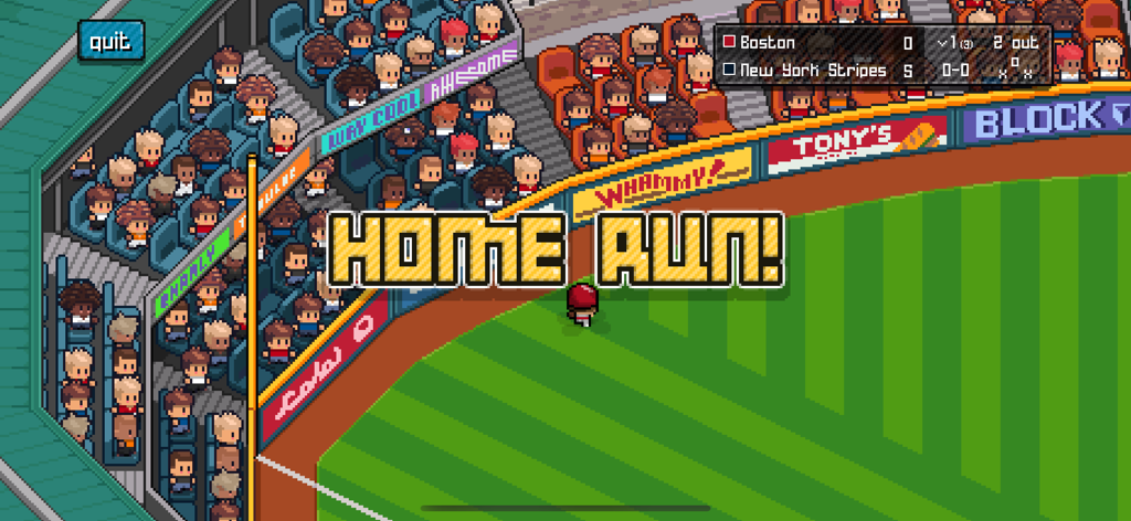 A retro pixel art baseball game screen displaying a Home Run message over the field with fans in the stadium stands.