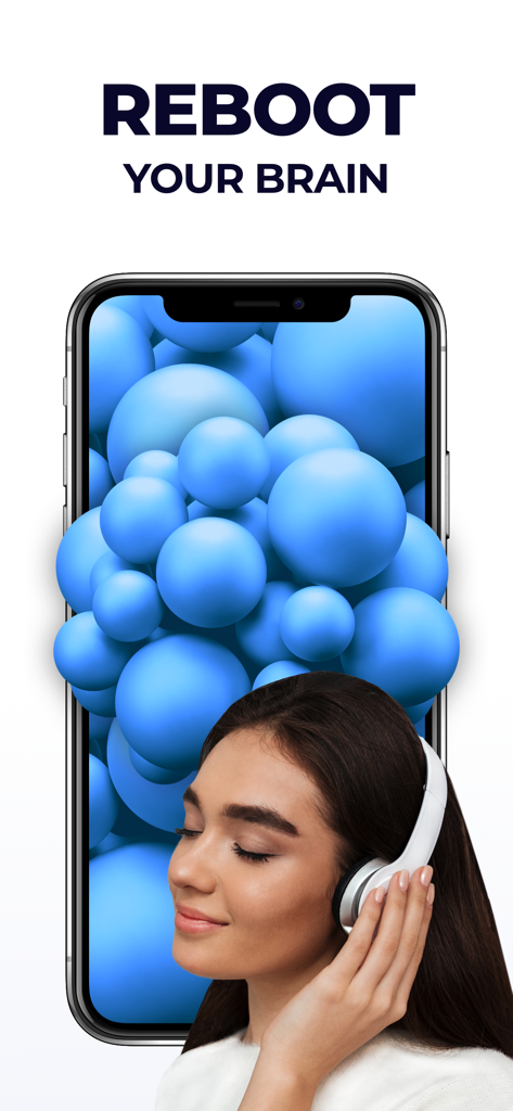 A woman wearing headphones relaxes while using the TeasEar ASMR app to reboot her brain with tactile blue spheres