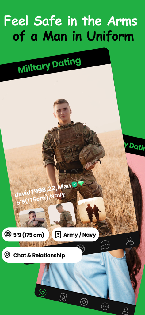 Military Dating App - MD Date - Perfil de un hombre uniformado en la aplicación de citas militares MD Date